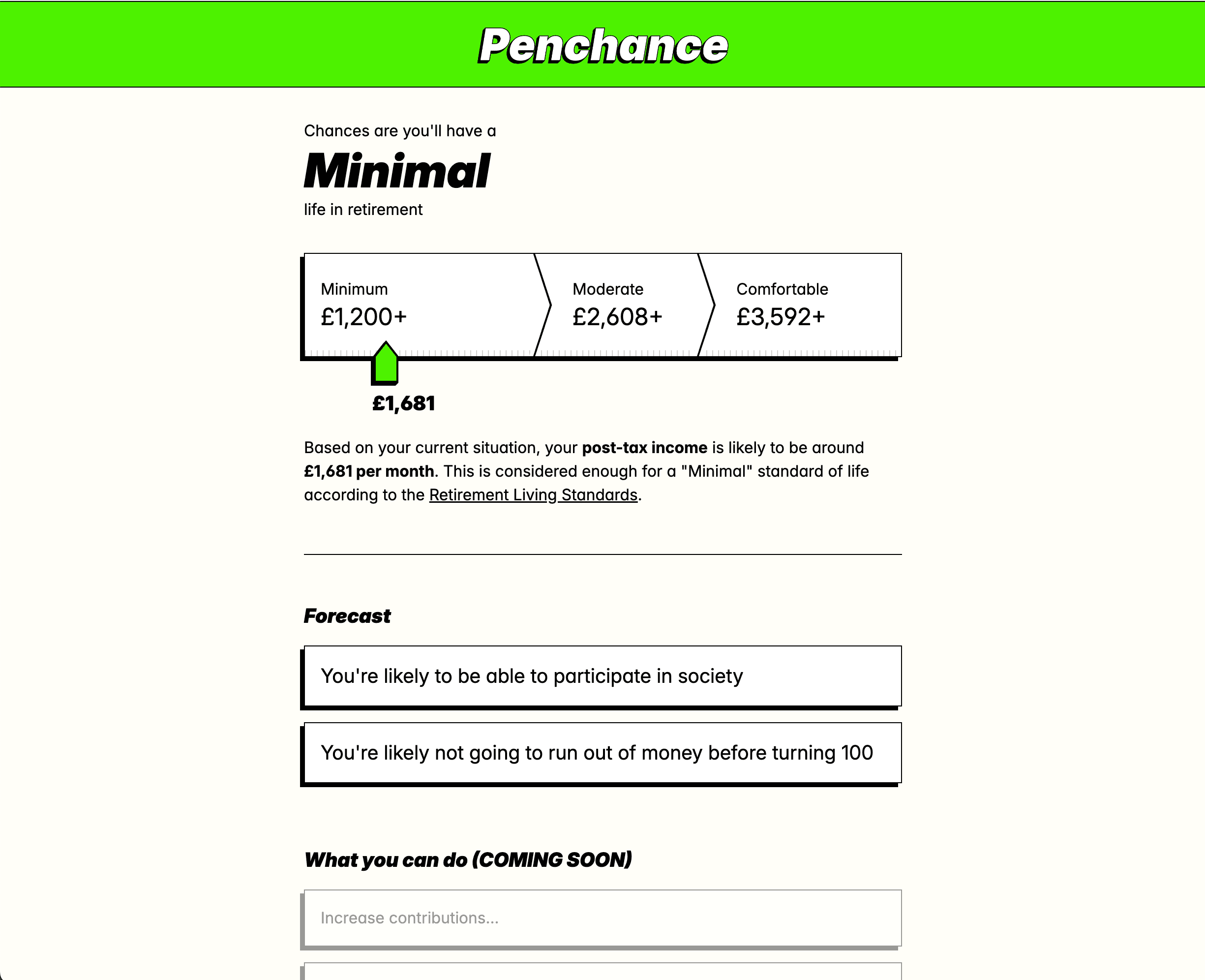 Retirement calculator results dashboard